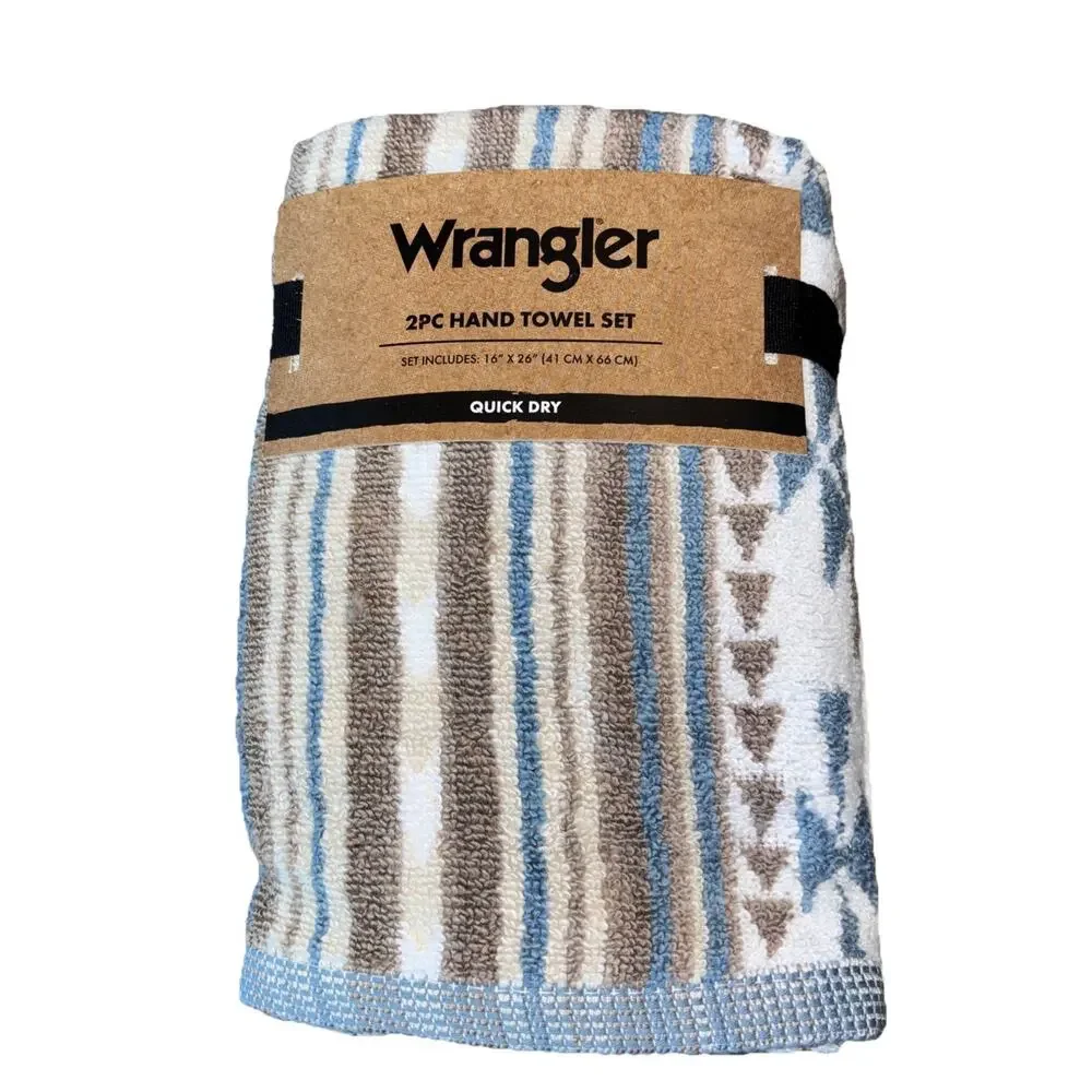 Wrangler Cowboy Westmount Blue Aztec Hand Towels White Set of 2 NEW